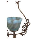 Vintage Hanging Light Fixture with Blue Glass Shade and Ornate Metal Frame