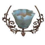 Vintage Hanging Light Fixture with Blue Glass Shade and Ornate Metal Frame