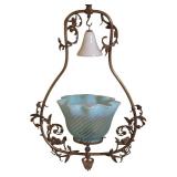 Vintage Hanging Light Fixture with Blue Glass Shade and Ornate Metal Frame
