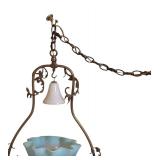 Vintage Hanging Light Fixture with Blue Glass Shade and Ornate Metal Frame