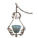 Vintage Hanging Light Fixture with Blue Glass Shade and Ornate Metal Frame