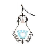 Vintage Hanging Light Fixture with Blue Glass Shade and Ornate Metal Frame