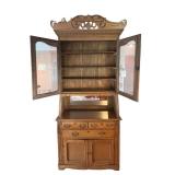 Antique Oak Hutch Cabinet with Glass Doors and Ornate Detailing