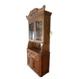Antique Oak Hutch Cabinet with Glass Doors and Ornate Detailing