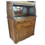 Antique Oak Hutch Cabinet with Glass Doors and Ornate Detailing
