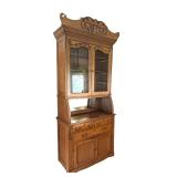 Antique Oak Hutch Cabinet with Glass Doors and Ornate Detailing