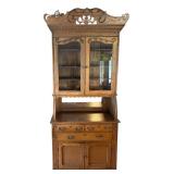 Antique Oak Hutch Cabinet with Glass Doors and Ornate Detailing