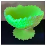 Vintage Fenton Custard Yellow Uranium Hobstar Pinwheel Pattern Satin Pedestal Compote