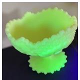 Vintage Fenton Custard Yellow Uranium Hobstar Pinwheel Pattern Satin Pedestal Compote