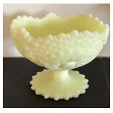 Vintage Fenton Custard Yellow Uranium Hobstar Pinwheel Pattern Satin Pedestal Compote