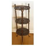 Vintage Three-Tier Brass Display Stand with Ornate Detailing