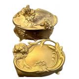 Pair of Vintage Art Nouveau Brass Jewelry Caskets Floral Design