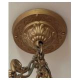 Vintage Art Deco Ceiling Light Fixture with Ornate Brass Frame and Glass Shade
