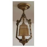 Vintage Art Deco Ceiling Light Fixture with Ornate Brass Frame and Glass Shade