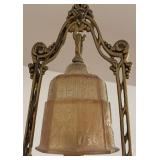 Vintage Art Deco Ceiling Light Fixture with Ornate Brass Frame and Glass Shade