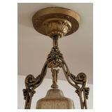 Vintage Art Deco Ceiling Light Fixture with Ornate Brass Frame and Glass Shade
