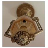 Vintage Art Deco Ceiling Light Fixture with Ornate Brass Frame and Glass Shade