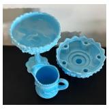 Set of 3 Vintage Blue Milk Glass Pieces Including Compote, Pitcher, and Bowl