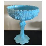 Set of 3 Vintage Blue Milk Glass Pieces Including Compote, Pitcher, and Bowl