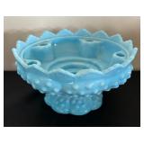 Set of 3 Vintage Blue Milk Glass Pieces Including Compote, Pitcher, and Bowl