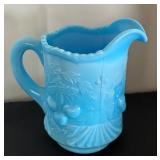 Set of 3 Vintage Blue Milk Glass Pieces Including Compote, Pitcher, and Bowl