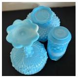 Set of 3 Vintage Blue Milk Glass Pieces Including Compote, Pitcher, and Bowl