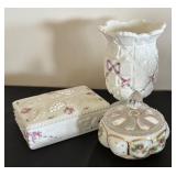 Vintage Fenton Art Glass Charleton Roses Power Jar, Vintage West Moreland Candy Dish Paneled Grape Pattern & West Moreland Old Quilt Pattern Vase