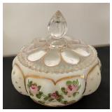 Vintage Fenton Art Glass Charleton Roses Power Jar, Vintage West Moreland Candy Dish Paneled Grape Pattern & West Moreland Old Quilt Pattern Vase