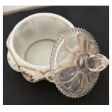 Vintage Fenton Art Glass Charleton Roses Power Jar, Vintage West Moreland Candy Dish Paneled Grape Pattern & West Moreland Old Quilt Pattern Vase