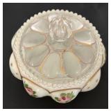 Vintage Fenton Art Glass Charleton Roses Power Jar, Vintage West Moreland Candy Dish Paneled Grape Pattern & West Moreland Old Quilt Pattern Vase