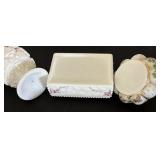 Vintage Fenton Art Glass Charleton Roses Power Jar, Vintage West Moreland Candy Dish Paneled Grape Pattern & West Moreland Old Quilt Pattern Vase