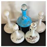 Set of 5 Victorian Glass Decanters with Painted Floral Designs