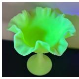 Vintage Uranium Fenton Art Glass Persian Medallion Ruffled Compote