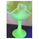 Vintage Uranium Fenton Art Glass Persian Medallion Ruffled Compote