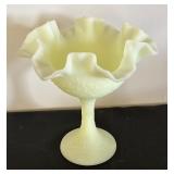 Vintage Uranium Fenton Art Glass Persian Medallion Ruffled Compote