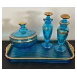 Antique Blue Glass Vanity Set with Gold Trim on Tray by Diamond Glass Company