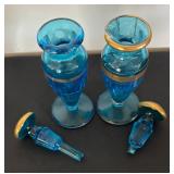 Antique Blue Glass Vanity Set with Gold Trim on Tray by Diamond Glass Company