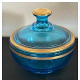 Antique Blue Glass Vanity Set with Gold Trim on Tray by Diamond Glass Company