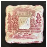 Vintage Red and White Transferware Covered Footed Dish