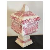 Vintage Red and White Transferware Covered Footed Dish