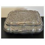 Ornate Vintage Metal Jewelry Box with Red Velvet Lining