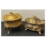 Set of 2 Vintage Metal Art Noveau  Casket Jewelry Boxes with Floral Embellishments