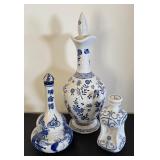 Set of 3 Blue and White Porcelain Decanters by Coalport, HPF, and Alton Costa