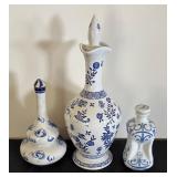 Set of 3 Blue and White Porcelain Decanters by Coalport, HPF, and Alton Costa