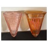 Pair of Vintage Wall Pocket Vases - Carnival Glass and Depression Glass