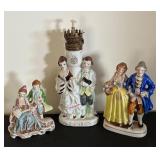 Set of 3 Vintage Porcelain Couple Figurines including an Oil Lamp