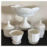Set of 5 Vintage Milk Glass Pieces with Grape Pattern