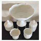 Set of 5 Vintage Milk Glass Pieces with Grape Pattern