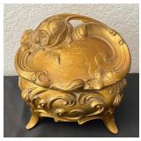 Antique Art Nouveau Brass Jewelry Casket Box with Rose Motif