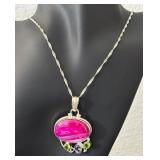 Sterling Silver Necklace with Dyed Pink Agate Pendant and Gem Accents